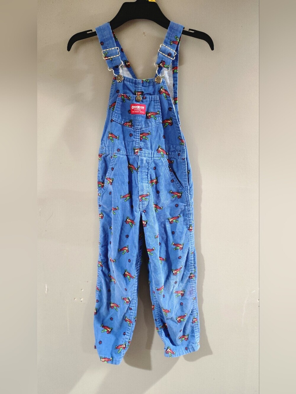 VTG Oshkosh B'Gosh Baby Blue Corduroy Airplane Size 5t Made in USA Overalls